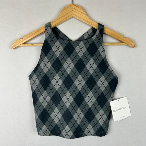 Beyond Yoga Softmark Refocus Cropped Tank Top Shirt Black Argyle Women's Size S - Picture 1 of 12